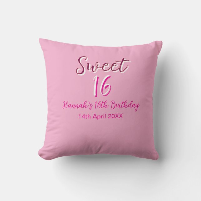 Sweet sixteen pink white name date bold letter mar cushion (Front)