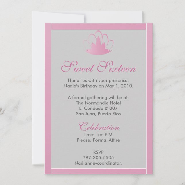 Sweet Sixteen Pink White Silver Tiara Invitation (Front)