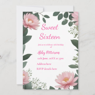 Sweet sixteen pink wildflower eucalyptus birthday  invitation