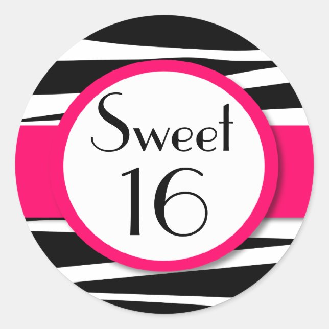Sweet Sixteen Pink Zebra Lollipop Invitation Front Classic Round Sticker (Front)