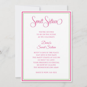 Sweet Sixteen Preppy Pink and Green Party Invitation