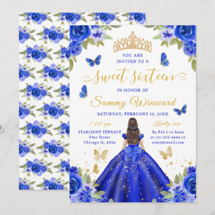 Sweet Sixteen Princess Blue Floral Gold Tiara Invitation
