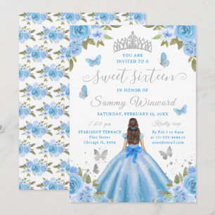 Sweet Sixteen Princess Blue Floral Silver Tiara Invitation