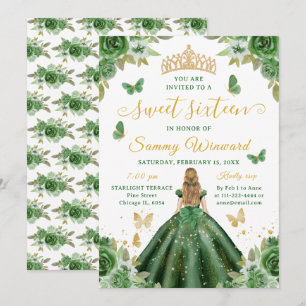 Sweet Sixteen Princess Green Floral Gold Tiara Invitation