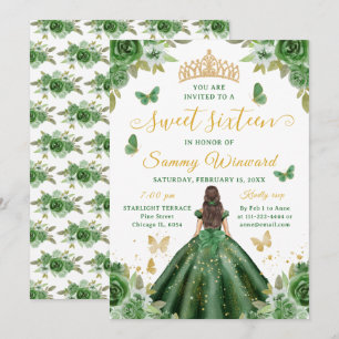 Sweet Sixteen Princess Green Floral Gold Tiara Invitation