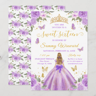 Sweet Sixteen Princess Purple Floral Gold Tiara Invitation