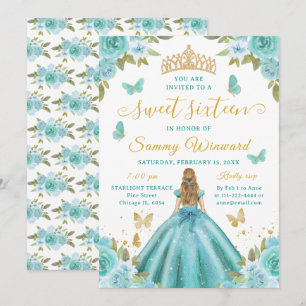 Sweet Sixteen Princess Turquoise Floral Gold Tiara Invitation