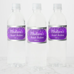 Sweet Sixteen Purple and Silver Satin, Diamonds Water Bottle Label