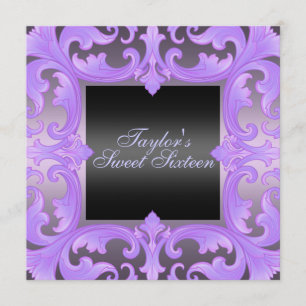 Sweet Sixteen Purple Damask Design Birthday Invite
