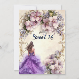 Sweet Sixteen Purple Dress Pink Floral Invitation