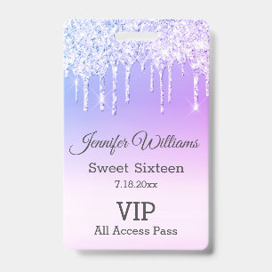 sweet sixteen purple dripping glitters vip pass ID badge