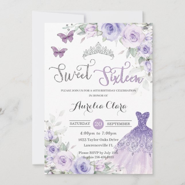 Sweet Sixteen Purple Floral 16th Birthday Dress Invitation (Front)