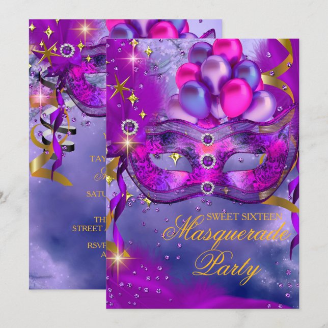 Sweet Sixteen Purple Gold Blue Masquerade Party Invitation (Front/Back)