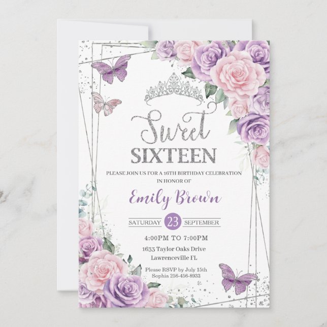 Sweet Sixteen Purple Lilac Pink Floral Butterflies Invitation (Front)