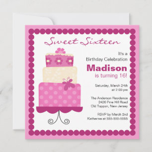 Sweet Sixteen Purple & Pink Cake Birthday Invite