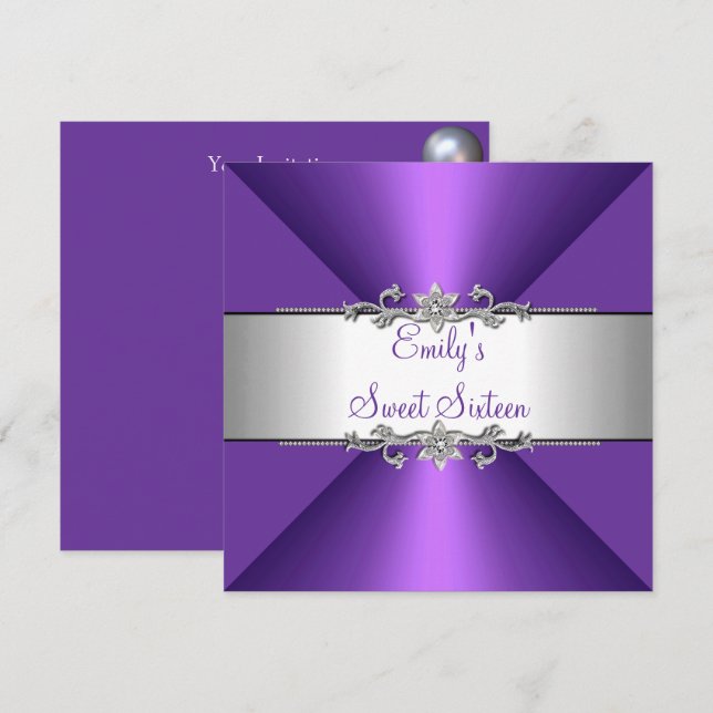 Sweet Sixteen Purple Silver Birthday Party Invitation (Front/Back)