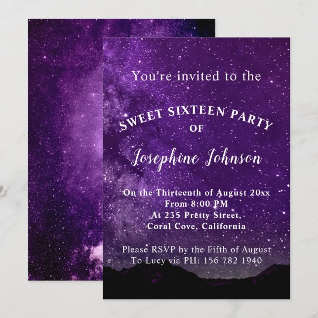 Sweet Sixteen Purple Stars Glitter Invitation (Front/Back)