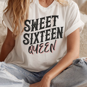 Sweet Sixteen Queen Bold Black & Blush Typography  T-Shirt