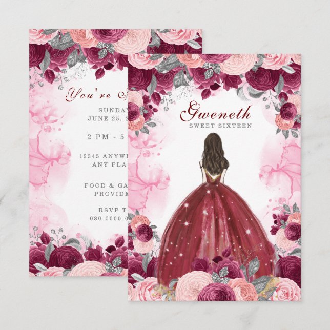 Sweet Sixteen Red Flowers Birthday Invitation (Front/Back)