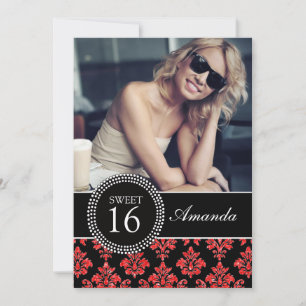 SWEET SIXTEEN, RED GLITTER, BLACK DAMASK INVITATION