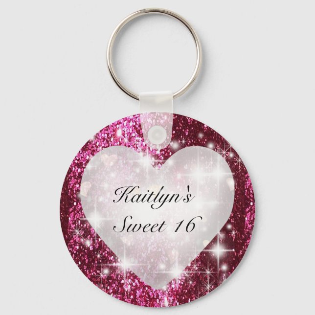 Sweet Sixteen Red Glitter White Heart.   Key Ring (Front)