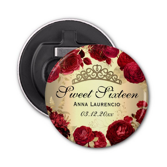 Sweet Sixteen Red Gold Floral Roses Tiara Custom Bottle Opener (Front)