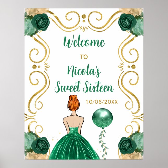 Sweet Sixteen Red Hair Princess Green Welcome Poster (Front)