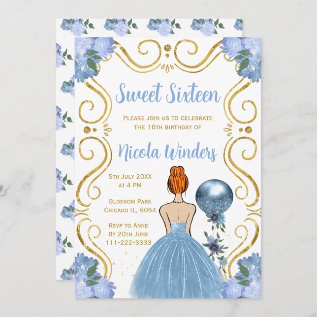 Sweet Sixteen Red Hair Princess in Blue Invitation (Front/Back)