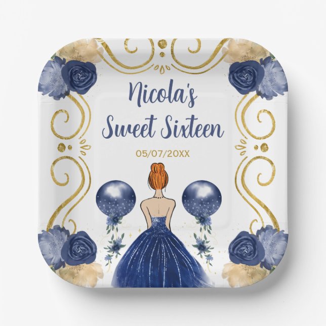 Sweet Sixteen Red Hair Princess in Navy Blue Paper Plate (Front)