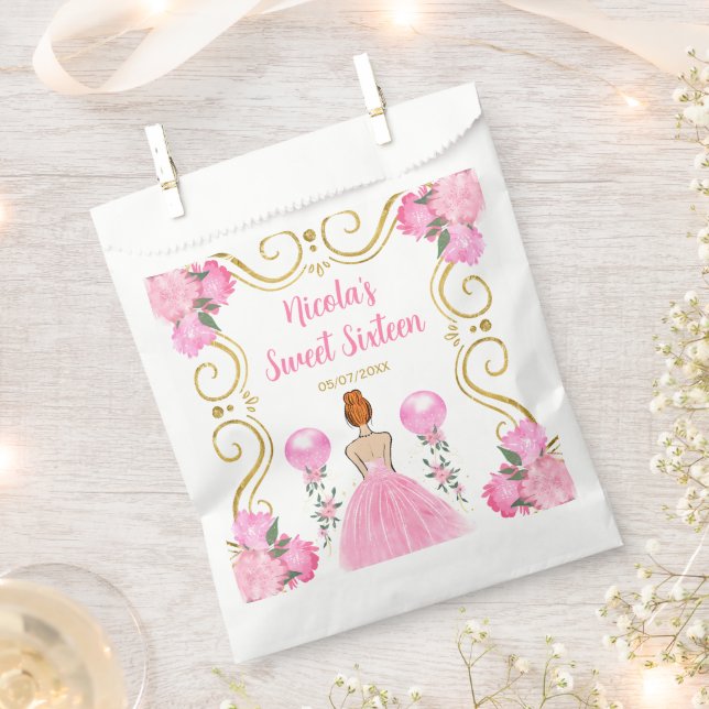 Sweet Sixteen Red Hair Princess in Pink Favour Bags (Clipped)