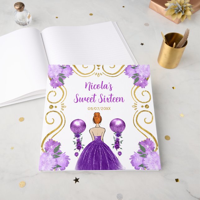 Sweet Sixteen Red Hair Princess in Purple Guest Book (Front Open)