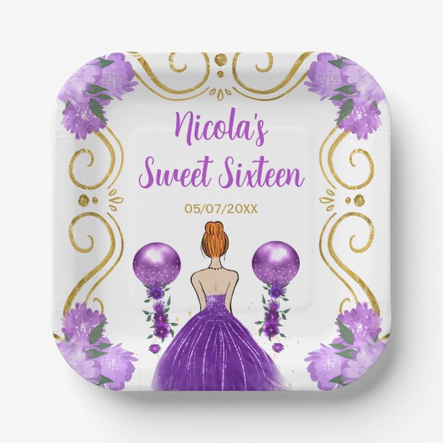 Sweet Sixteen Red Hair Princess in Purple Paper Plate (Front)