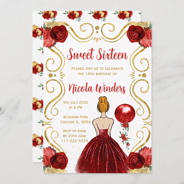 Sweet Sixteen Red Hair Princess in Red Invitation (Front/Back)