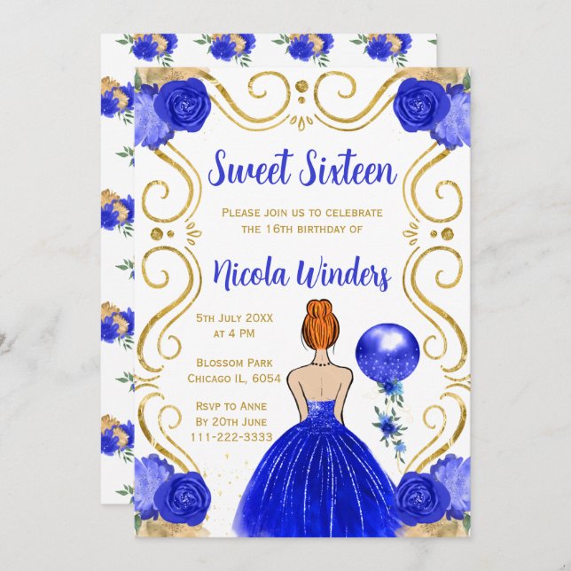 Sweet Sixteen Red Hair Princess in Royal Blue Invitation (Front/Back)