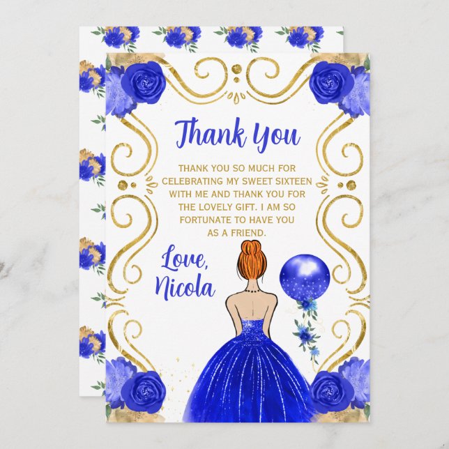 Sweet Sixteen Red Hair Princess in Royal Blue  Thank You Card (Front/Back)