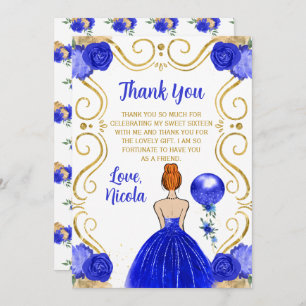 Sweet Sixteen Red Hair Princess in Royal Blue Thank You Card