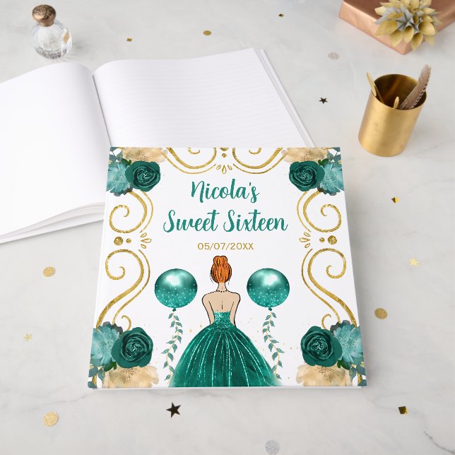 Sweet Sixteen Red Hair Princess in Teal Guest Book (Front Open)