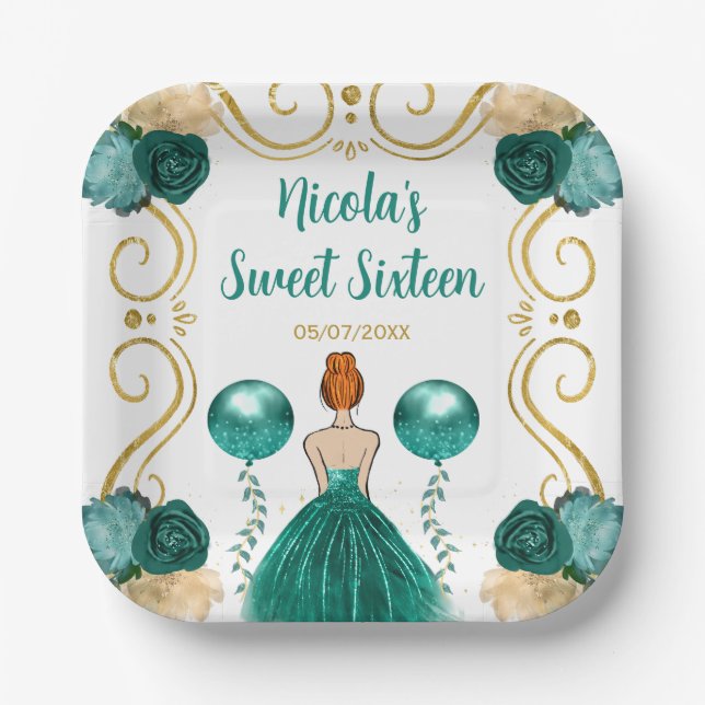 Sweet Sixteen Red Hair Princess in Teal Paper Plate (Front)