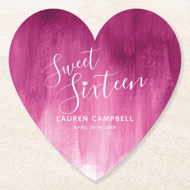 Sweet sixteen red pink modern art wash paper coaster (Front)