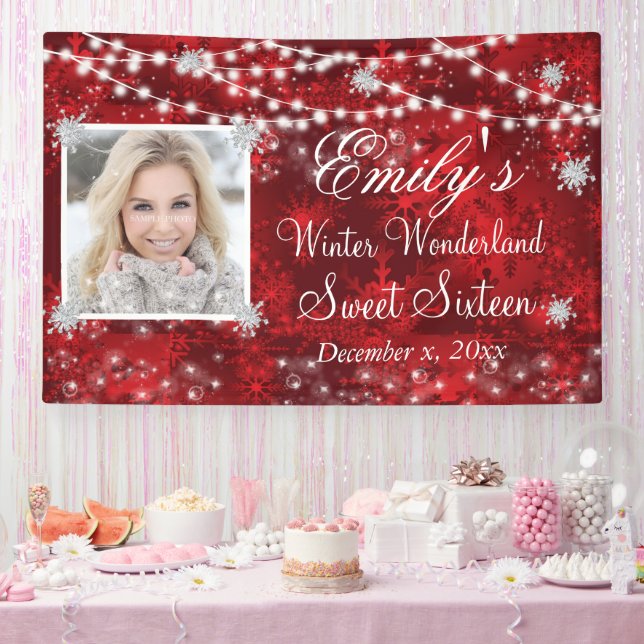 Sweet Sixteen  Red White Winter Wonderland Lights  Banner (Party)