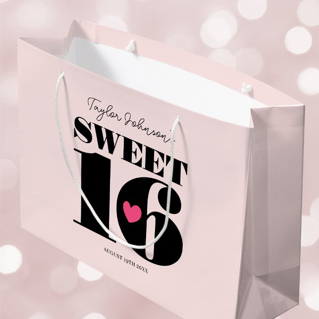 Sweet Sixteen Retro Happy Birthday Teen Pink Large Gift Bag (Creator Uploaded)