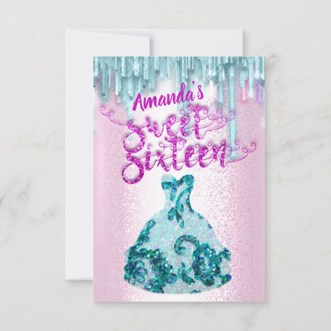 Sweet Sixteen Rose Floral Dress blue Drips   Invitation (Back)