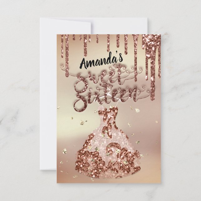 Sweet Sixteen Rose Floral Dress Glitter Drips Glam Invitation (Back)