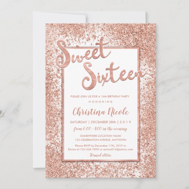 Sweet Sixteen Rose Gold Glitter Chic 16th Birthday Invitation (Front)