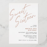 Sweet Sixteen Rose Gold & White Glam 16th Birthday<br><div class="desc">Modern and cool 16th birthday invitations with heading "Sweet Sixteen" text in rose gold foil on a crisp white background. The reverse side features a pattern of the word "sixteen" in coordinating script. The reverse side pattern, as well as the background colour, can be changed by using the design tool....</div>