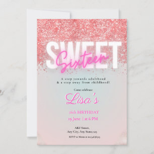 sweet sixteen Rose Pink glitter birthday Invitation