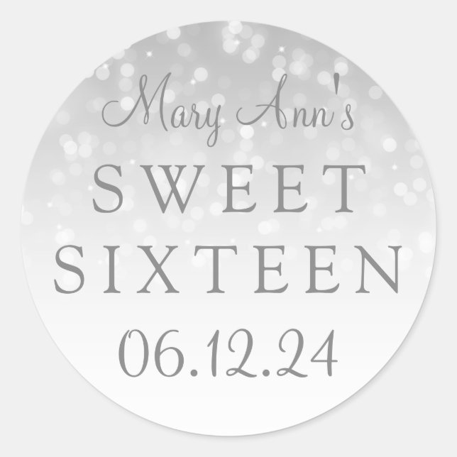 Sweet Sixteen Silver Bokeh Sparkle Lights Classic Round Sticker (Front)