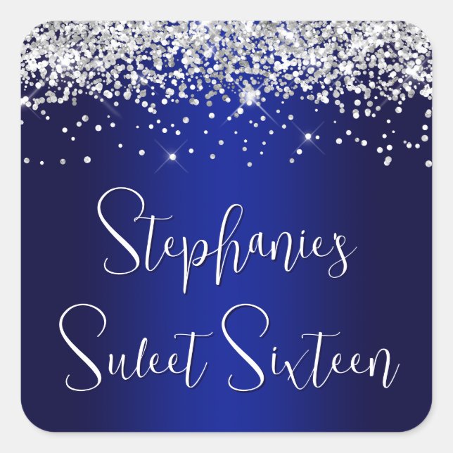 Sweet Sixteen Silver Glitter Royal Blue Navy Ombre Square Sticker (Front)