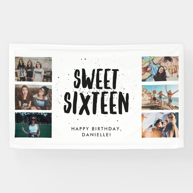 Sweet Sixteen Six Photo Collage Birthday Party  Banner (Horizontal)
