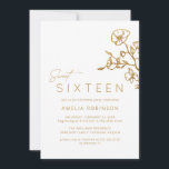 Sweet Sixteen Soft Glam Gold & White 16th Birthday Invitation<br><div class="desc">Pretty,  glam-style sweet 16 invitations with subtle floral detailing. Gold on a white background. Please note: Gold effect is replicated by a high quality graphic. No real foil will be used.</div>
